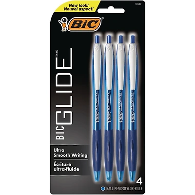 Stylo-bille rétractable BIC Glide, pointe moyenne (1,0 mm), encre bleue, prise confortable en caoutchouc, paquet de 4 Paquet de 4