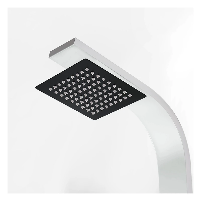 La colonne de douche MALI en acier inoxydable d'akuaplus®  avec cartouche à balancée équilibré et déviateurs 3 voies, 4 jets de corps orientable en laiton, Pommeau de 8 po et  douchette en laiton.