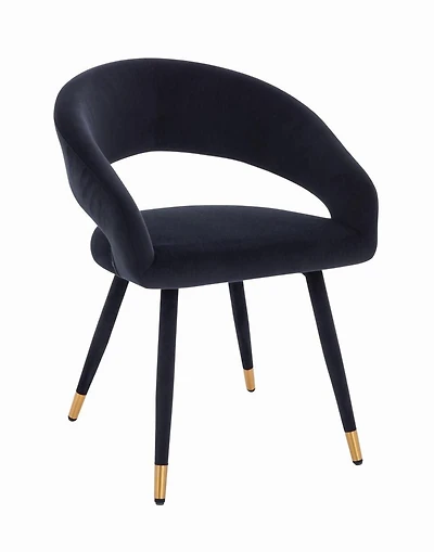 Chaise de salle à manger en velours Daris Luxe – Élégance noire avec accents dorés, chaise robuste, minimaliste.