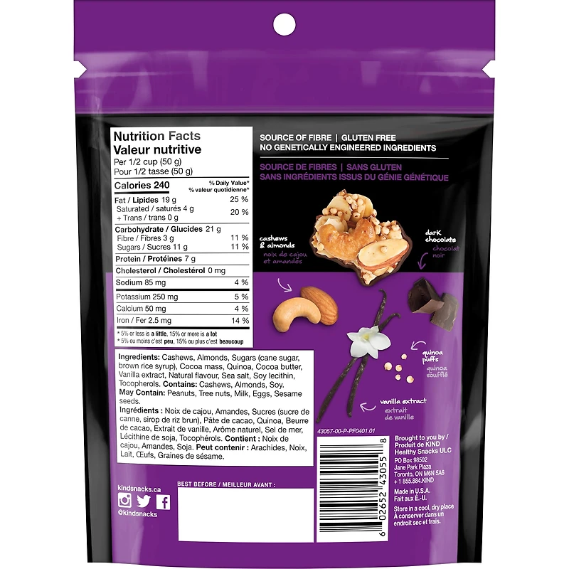 Bouchées KIND Dipped Clusters, Cajous, chocolat noir et vanille, sac de 113 g Dipped Clusters