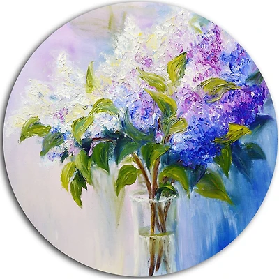 Art mural en métal Design Art Lilas bleus et blancs en vase ultra brillant en cercle