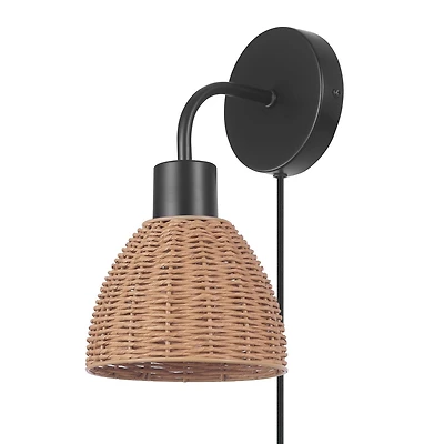 Briar 1-Light Matte Black Plug-In or Hardwire Wall Sconce with Rattan Shade, 91004447