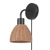 Briar 1-Light Matte Black Plug-In or Hardwire Wall Sconce with Rattan Shade, 91004447