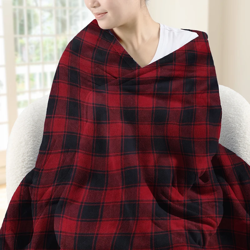 Jeté chauffant électrique motif tartan rouge Sunbeam en micropeluche et revers en sherpa, quatre réglages de chaleur, arrêt automatique, 127 cm x 152,4 cm (50 po x 60 po) SUNBEAM JETE CHAUFFANT