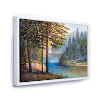 Designart Lumière du soleil du matin à travers la forêt de pins et de sapins ART MURAL À CADRE FLOTT