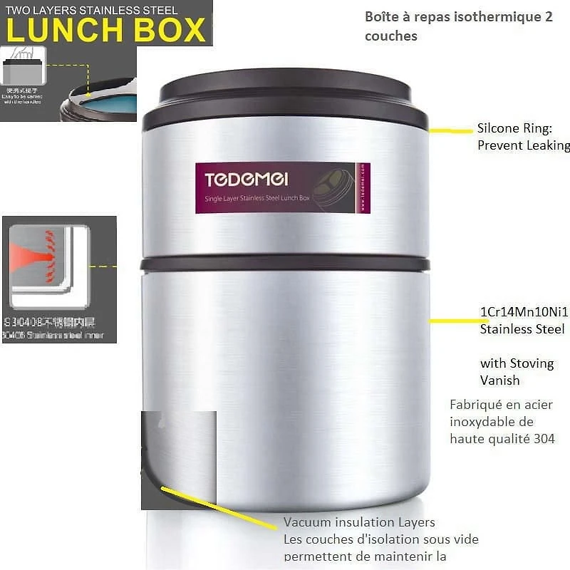 Tedemei 1.5L 2 Layer Vacuum Insulated Lunch Box in Premium 304 Stainless Steel