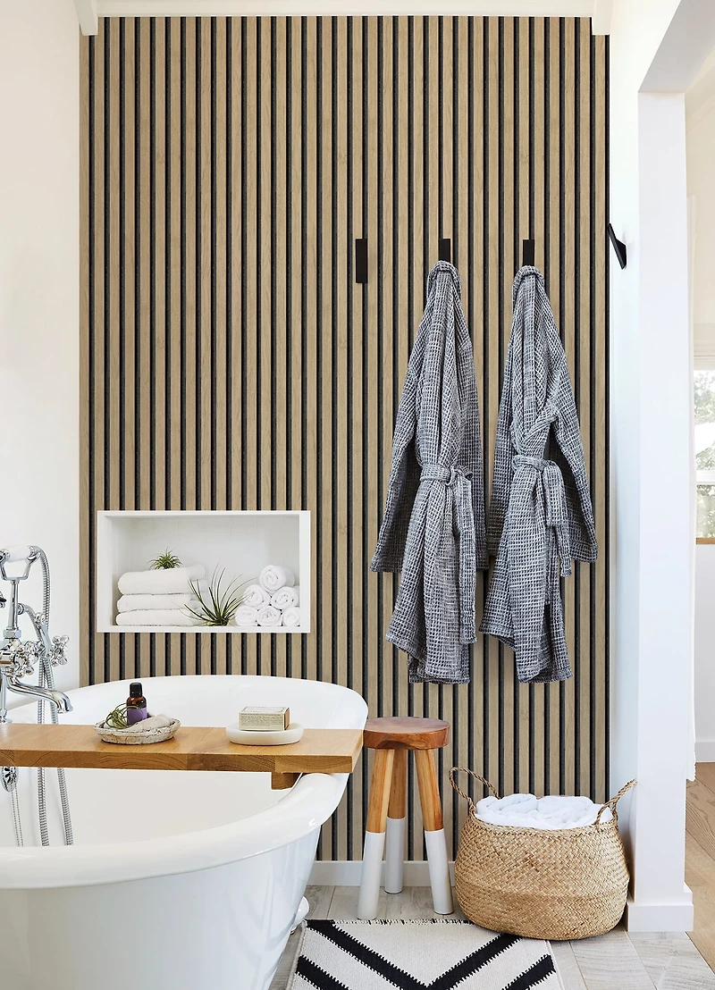 Roommates Studio Cream Oak Slat Peel and Stick Wallpaper 30.75 Sq. ft