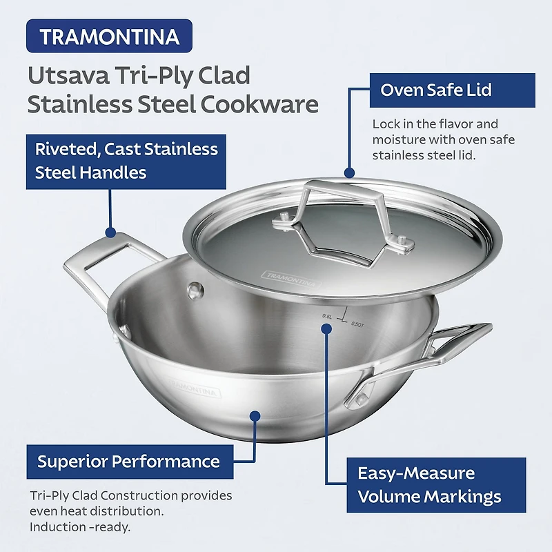Tramontina Utsava Tri-Ply Clad Stainless Steel Covered Kadai