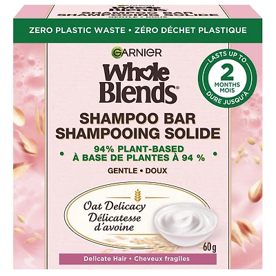 Garnier Whole Blends Shampooing Solide doux Délicatesse d'avoine pour cheveux fragiles, Emballage zéro plastique, sans agents de conservation, sans silicone, sans savon ni pigments, avec crème de riz