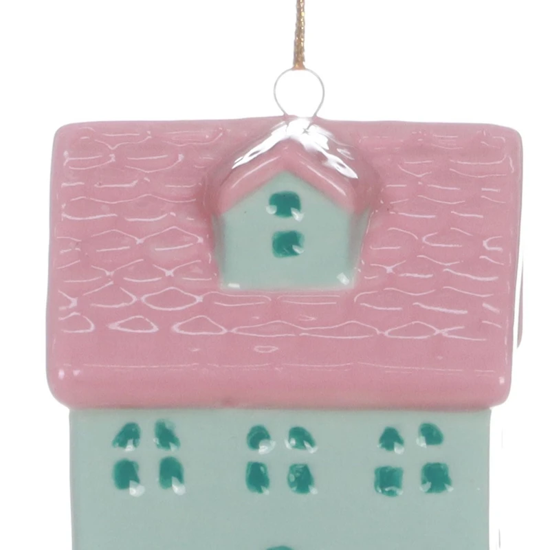 HOLIDAY TIME GREEN CERAMIC VILLAGE ORNAMENT