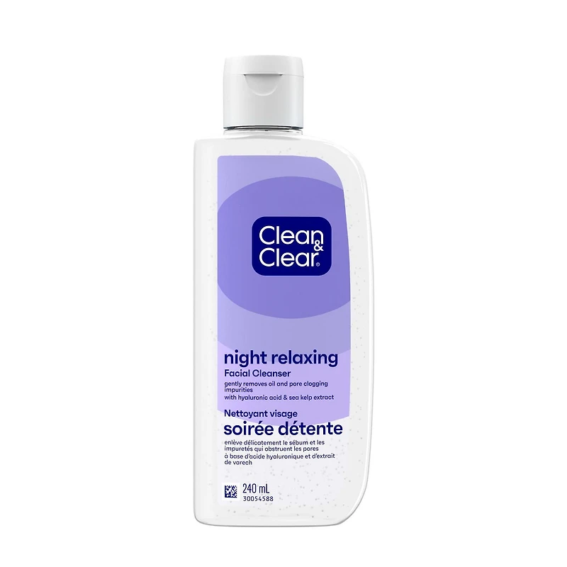 Clean & Clear Night Relaxing Facial Cleanser, Oil-Free Foaming Night Face Wash with Hyaluronic Acid & Sea Kelp Extract Gently Removes Oil & Pore Clogging Impurities, 240 mL