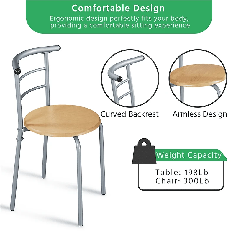 Fullfurnique Ensemble de salle à Manger Rond Moderne 3 Pièces avec Table et 2 Chaises Pieds en Acier, Naturel