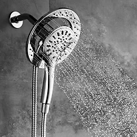 The akuaplus® square thermostatic valve with 4-way diverter, 2 magnetic handshowers or simultaneously.  Hand shower 3 settings with Push-Buttom and a swiveling shower head.  Chrome finish