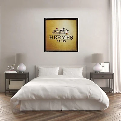Luxury Wall Art – HERMÈS Collage Painting (40"H x 40"W x 1.6"D), Framed in a Sophisticated Black PS Frame, Showcasing Iconic Style and Intricate Collage Detailing.