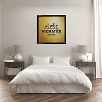 Luxury Wall Art – HERMÈS Collage Painting (40"H x 40"W x 1.6"D), Framed in a Sophisticated Black PS Frame, Showcasing Iconic Style and Intricate Collage Detailing.