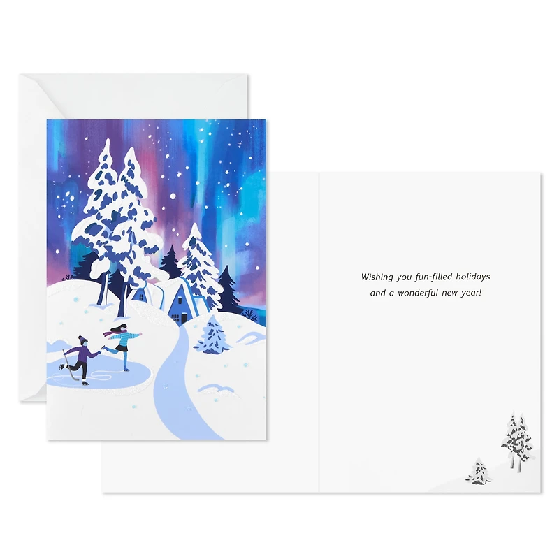 Image Arts Boxed Christmas Cards, Ice Skating Under Northern Lights (Pack of 28 Cards with Envelopes)