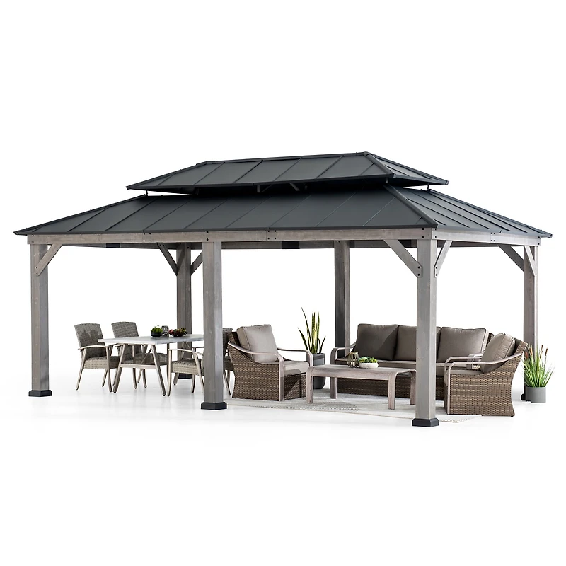 Sunjoy Tonnelle Gazebo en Bois 12 x 20 Pieds, Gazebo Extérieur en Acier avec Toit Métallique à Deux Niveaux, Charpente en Cèdre, Adapté aux Terrasses, Jardins et Pelouses, Noir Mat