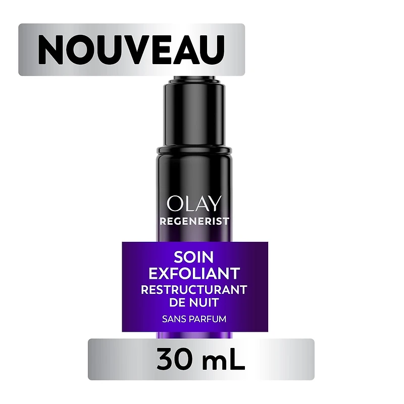 Soin exfoliant de nuit Olay Regenerist avec acide glycolique, soin ravivant et exfoliant, AHA, restructurant, texture lisse, illumine le teint, sérum de nuit léger pour un teint radieux
