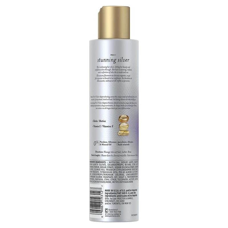 Shampooing violet illuminateur Pantene Stunning Silver pour les cheveux colorés gris et argent, sans parabènes