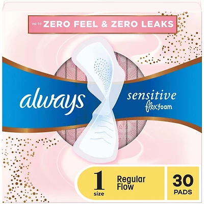 Serviettes féminines Always Sensible pour femmes, serviettes FlexFoam avec ailes, taille 1, degré d’absorption régulier, non parfumées 30CT