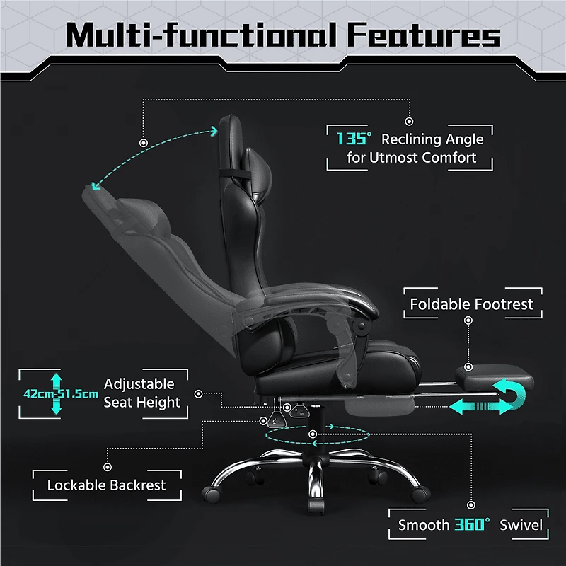 Fullfurnique Chaise Gaming Ergonomique à Dossier Haut avec Repose-pieds Coulissant, Noir Intégral