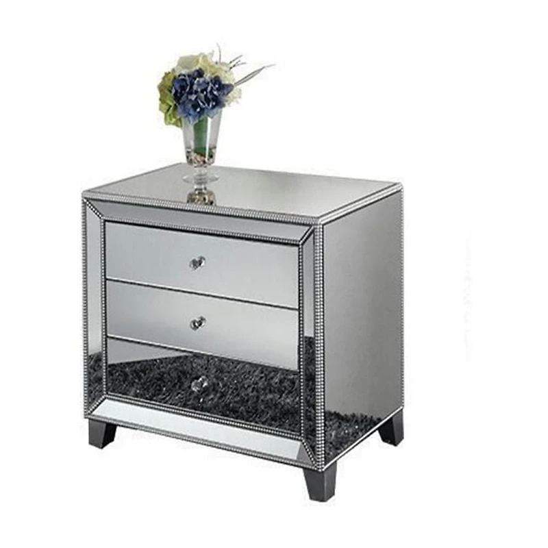 Tuke Mirrored Nightstand, Mirrored Nightstand, Bedroom Nightstand, MDF Nightstand, Mirrored Bedside Table, Silver Nightstand, Three Drawer Nightstand with Clear Knobs