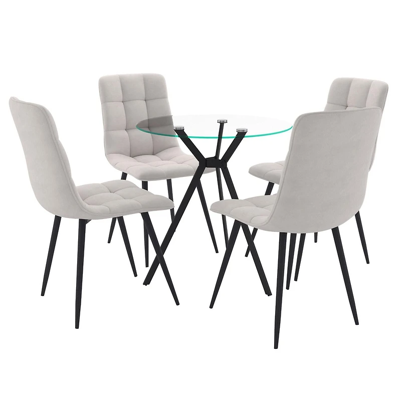 Ensemble de salle à manger d'intérieur compact et contemporain Eliana, 5 pièces, en verre, avec 4 chaises rembourrées en velours