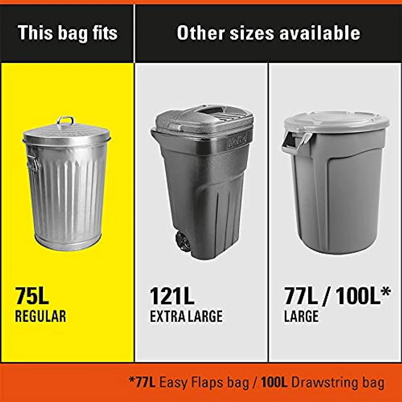 Hefty™ Lot de 30 sacs poubelle Strong Regular 75 litres noirs, EasyFlaps™, neutralisant les odeurs Arm & Hammer