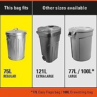 Hefty™ Lot de 30 sacs poubelle Strong Regular 75 litres noirs, EasyFlaps™, neutralisant les odeurs Arm & Hammer