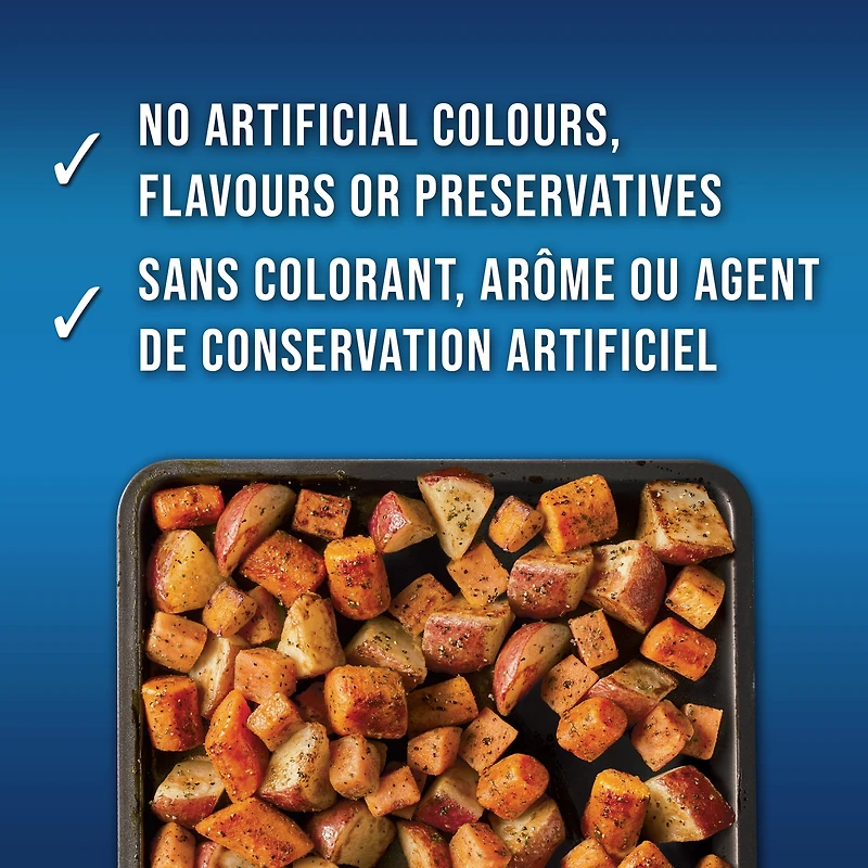 Carottes, patates douces et pommes de terre rouges assaisonnées Rôties au four Swanson : un mélange de légumes surgelés assaisonnés de sel de mer, de poivre noir et de fines herbes