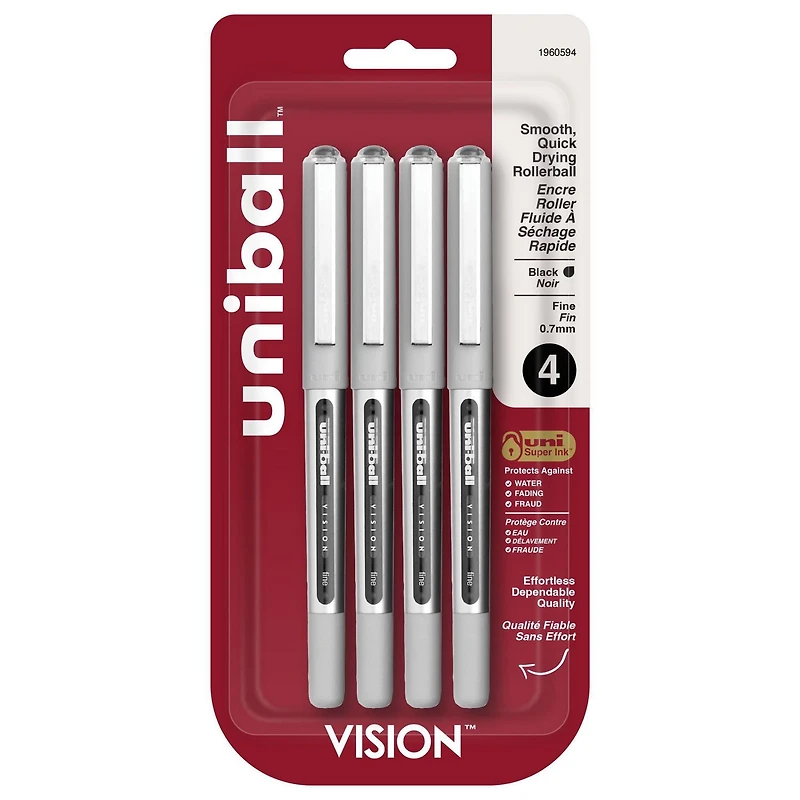 uniball™ Vision Rollerball Pens, Fine Point (0.7mm), Black, 4 Pack, Vision Rollerball .7 Blk 4pk