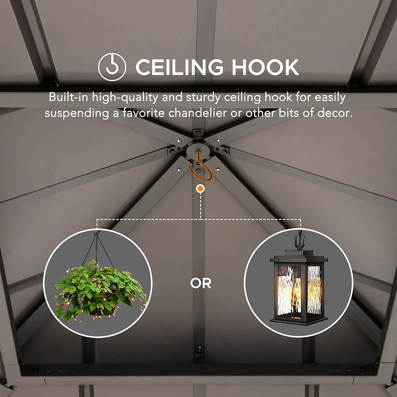 Sunjoy Gazebo en Bois d'Extérieur 11 x 11 Pieds avec Cadre en Cèdre, Toit Métallique à Deux Niveaux et Crochet au Plafond pour Terrasses, Jardins et Pelouses, Marron