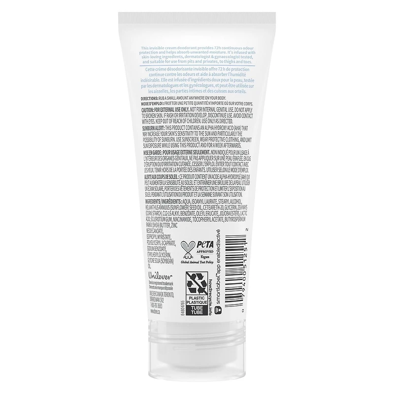 Dove Whole Body Deodorant Cream Aluminum Free, PH Balancing Hypoallergenic Unscented, 73 mL