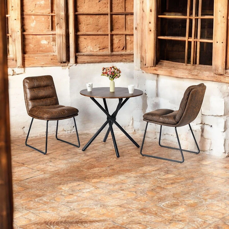 Ensemble salle à manger industriel Homy Casa avec chaises en similicuir, table espresso ronde pour 2 personnes et pieds luge, coin repas compact pour cuisine ou appartement, brun