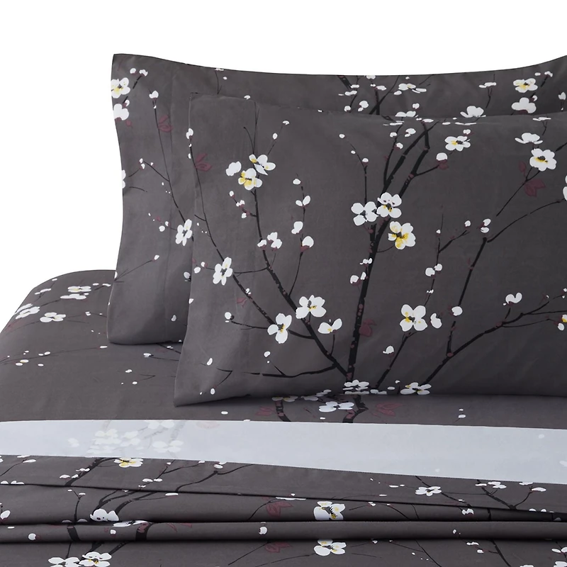 Literie toutes saisons en percale de coton à fibres longues, 600 fils au pouce carré, motif floral gris, motif de fleurs de prunier