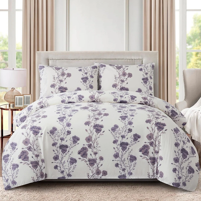 Marina Decoration Ultra Soft Silky Zipper Rich Printed Rayon from Bamboo All Season Duvet Cover Set with Pillowcases, Purple Carnation Floral Pattern