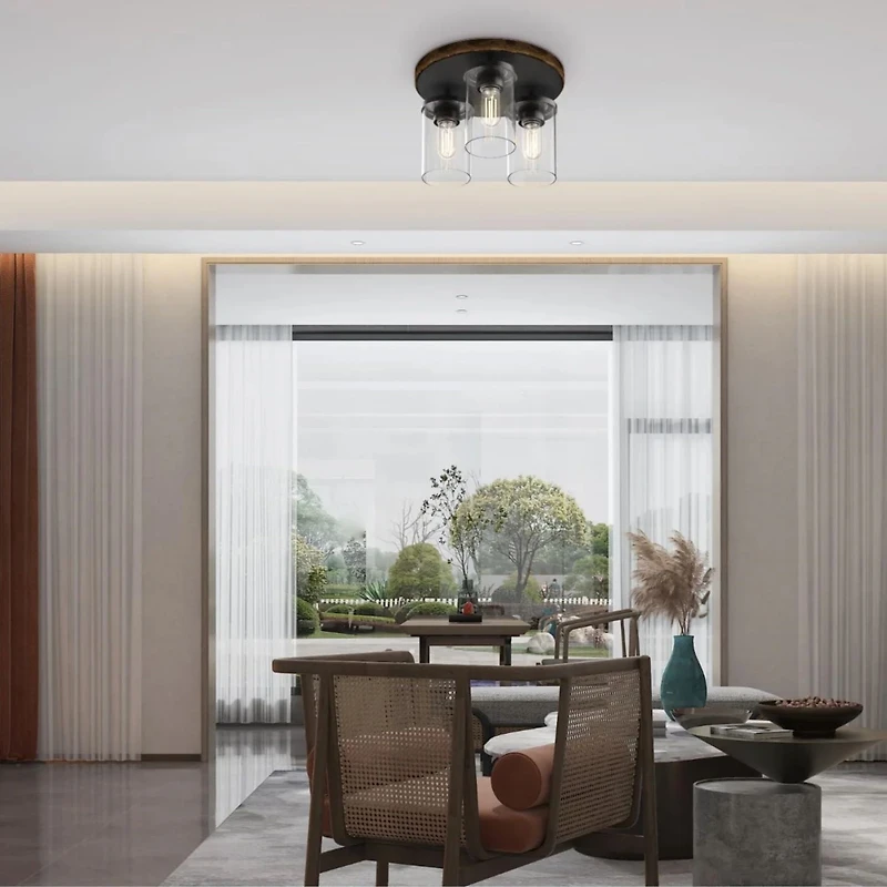 Better Homes & Gardens 12" Farmhouse 3-Light Walnut Flush Mount Ceiling Light, Clear Glass Shades, 12" Farmhouse 3-Light Walnut Flush Mount Ceiling