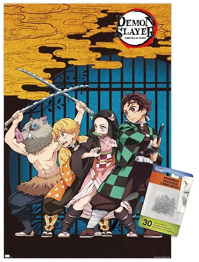 Demon Slayer – Group Art 22.375" x 34" Wall Poster with Beechwood Magnetic Frame, by Trends International