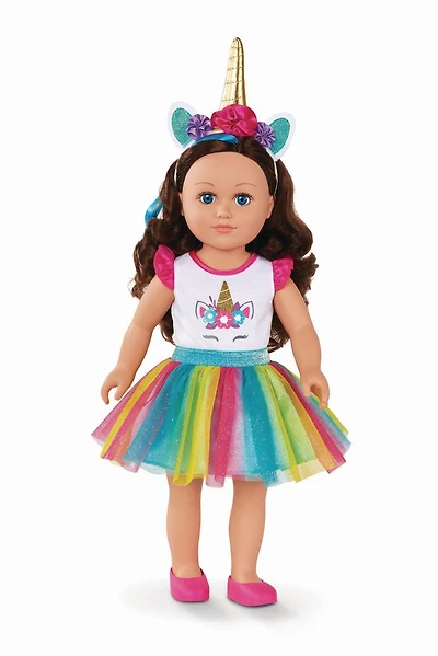 My Life As Poseable Unicorn Trainer 18" Poupée, Cheveux Bruns, Yeux Bleus
