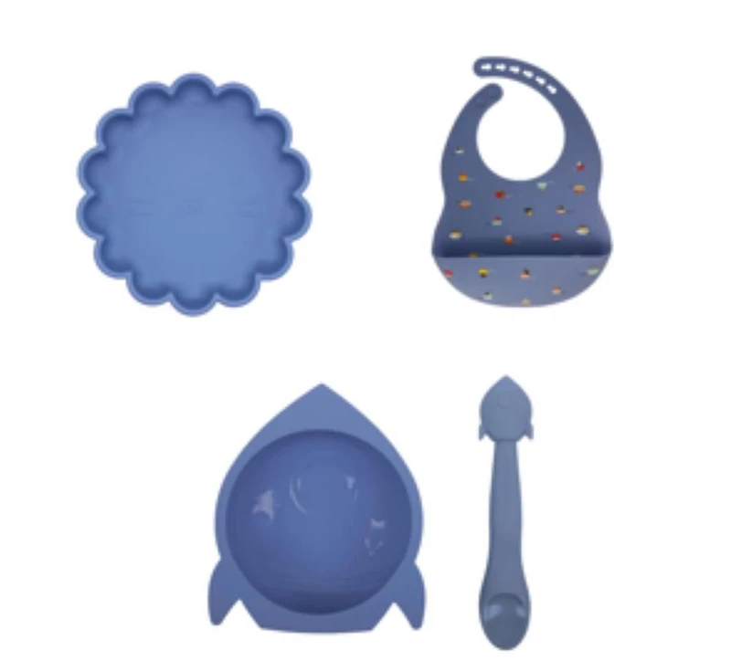 Kushies 4 Piece 100% Silicone Feed + Bib Set Set - (Silicone Bib, Silisoft bib & Bowl)- – Dishwasher & Microwave Safe  - Mineral Blue - 6 months +