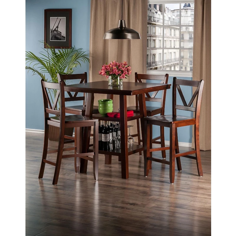 Winsome Orlando 5-Piece Set High Table, 2 Shelves with 4 V-Back Counter Stools - 94554