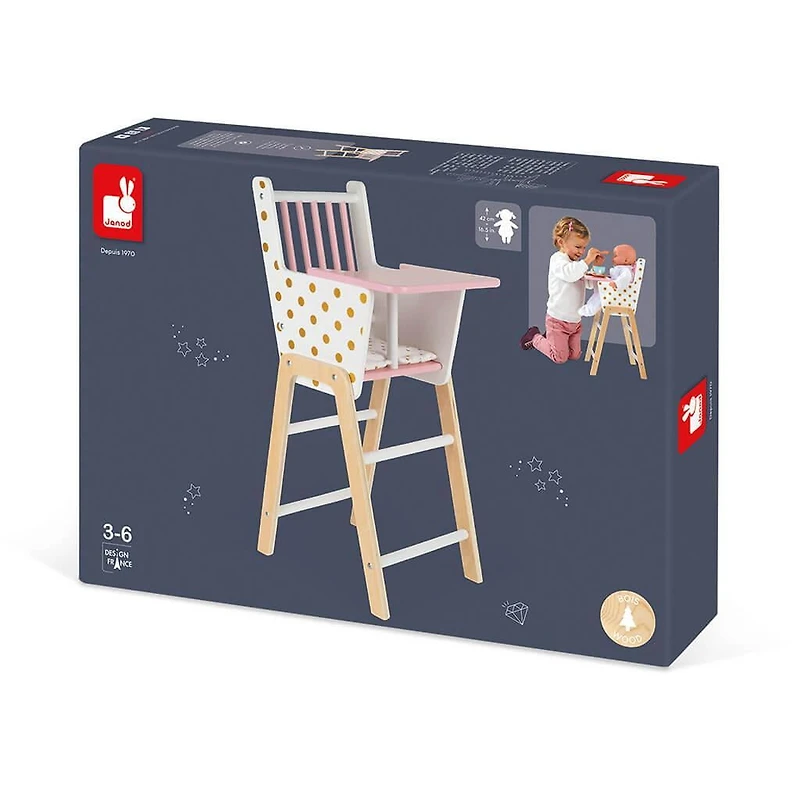 Janod Candy Chic Highchair – Wooden Baby Doll Chair - Ages 3+