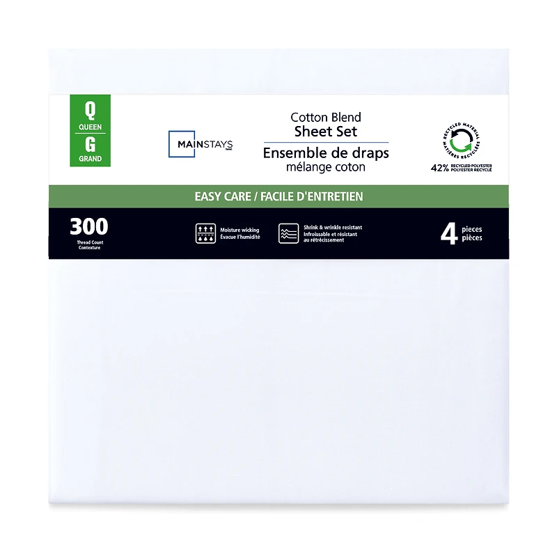 Parure de lit 4 pièces Mainstays en mélange de coton 300 nombre de fils (blanc) et CVC, pour lit double (adulte) Ensemble de draps 2 places