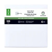 Parure de lit 4 pièces Mainstays en mélange de coton 300 nombre de fils (blanc) et CVC, pour lit double (adulte) Ensemble de draps 2 places