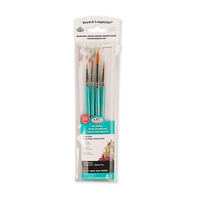 Royal & Langnickel - 4pc Gold Taklon All Media Round Variety Paint Brush Set, 4pc Gold Taklon All Media Brush Set
