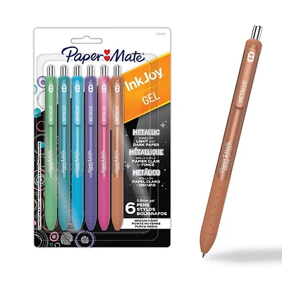Stylos gel InkJoy de Paper Mate, stylos métalliques, rétractables, pointe moyenne (0,8 mm), couleurs assorties, 6 unités InkJoy