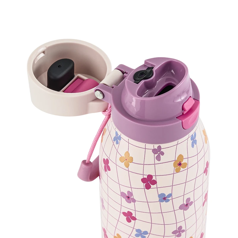 Gourde TAL 710 ml en acier inoxydable 2 en 1 avec paille et bouchon à pression, motif de marguerite