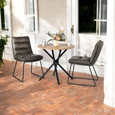 Ensemble de salle à manger Homy Casa 3 pièces, table ronde brun foncé avec 2 chaises rembourrées, design industriel avec pieds luge, simili cuir pour petits espaces, gris