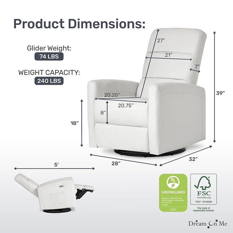 Dream On Me Berkley Leatherette Glider/ Power Recliner / Swivel Glider / Easy assembly Glider Chair