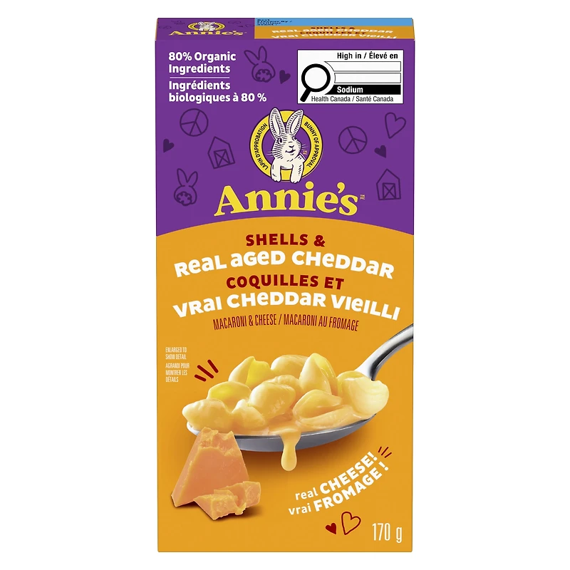 Annie's Coquilles et vrai cheddar vieilli Macaroni au fromage, repas pour enfants, 170 g